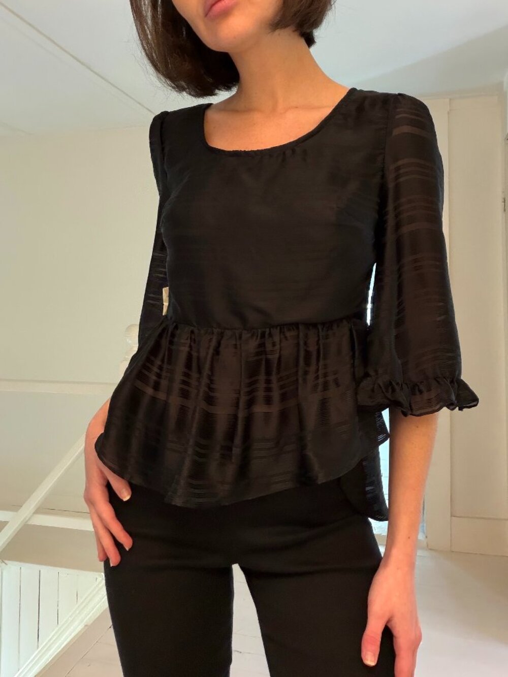 Line & Dot Silk Satin Chiffon Sheer Peplum Top NWT Size S Retail $143